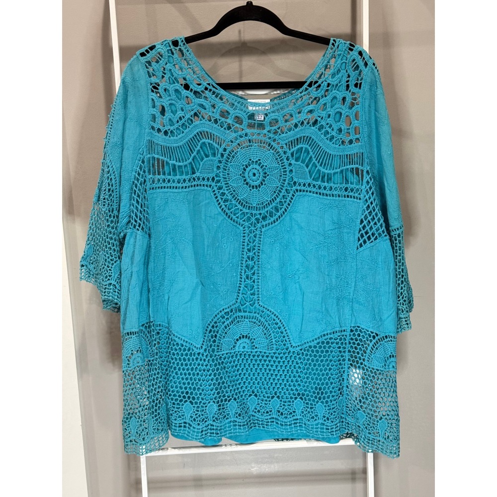 Vicki Wayne Turquoise Crochet Lace Embroidered Top Plus Size 1X Boho Cottagecore